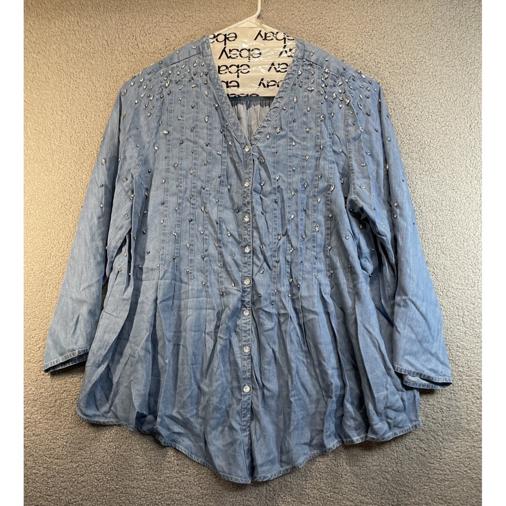 Roamans Top Women's Size 30W  Long Sleeve Button Up Shirt Sparkles‎ Beaded
